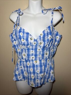 Blue Daisy Plaid Tie-Shoulder Blouse